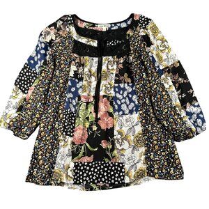 Hope Springs Womens L Black Boho Floral Patchwork Blouse Lace Detail Pullover